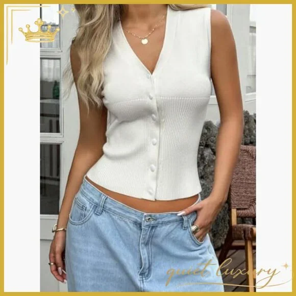 Sleeveless V-Neck Cropped Sweater Vest Button Front Lightweight Stretch Knit - Picture 2 of 5